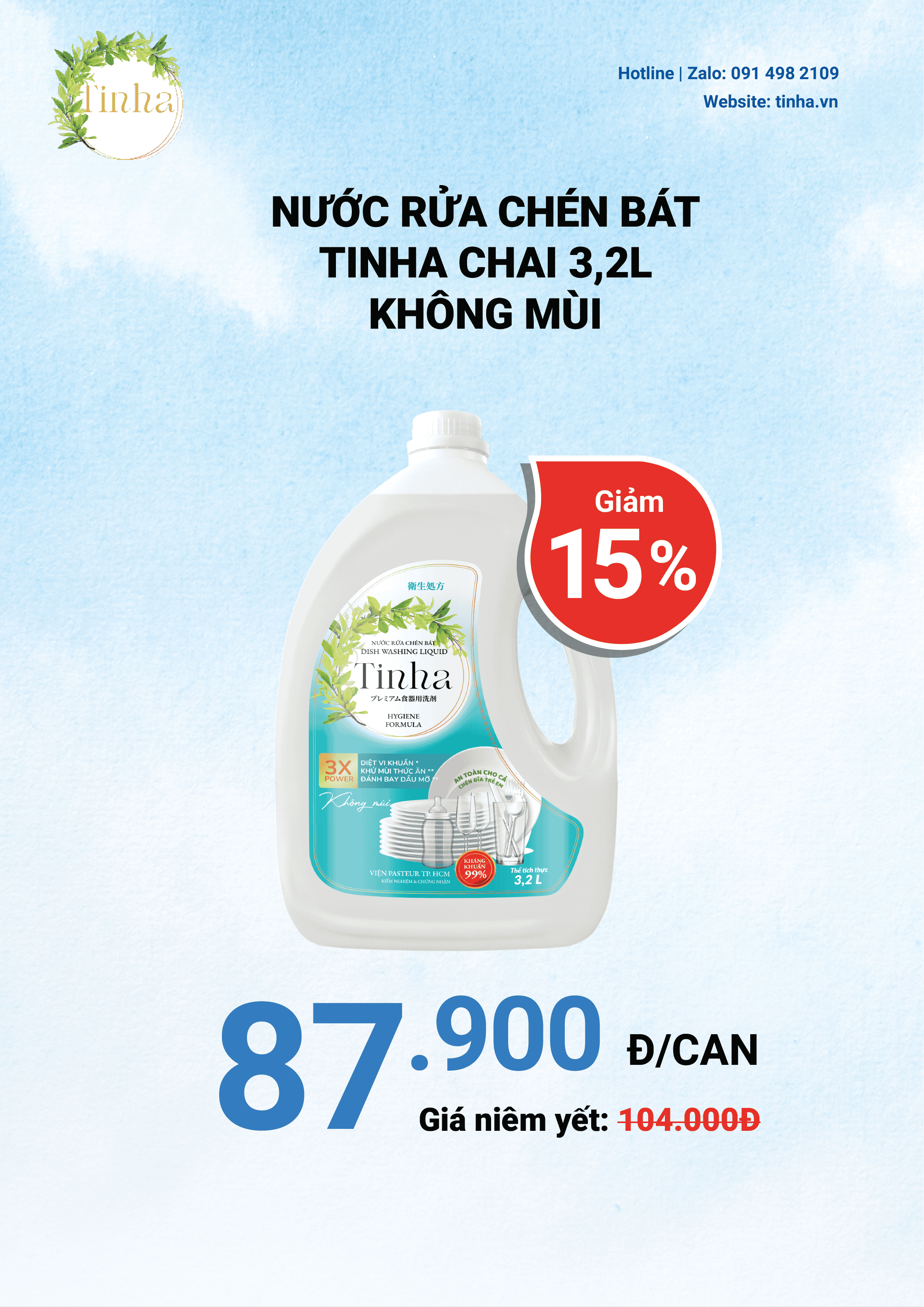Nước rửa chén bát TINHA chai 3,2L không mùi